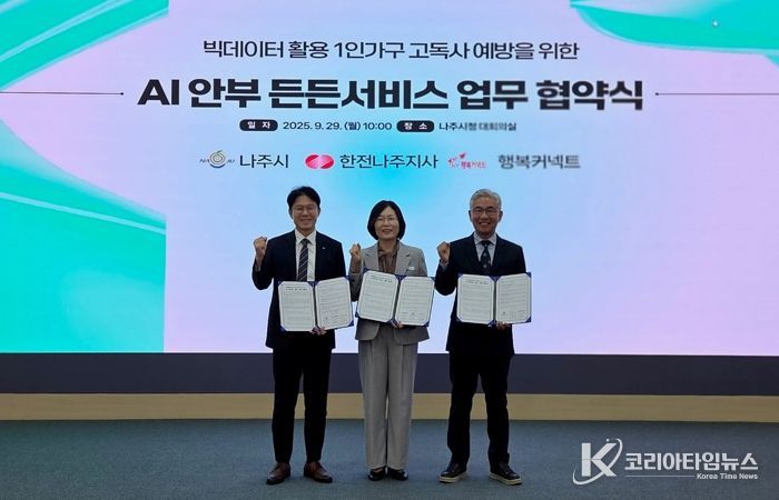 나주시가 9월 29일 한국전력공사 나주지사, SK재단법인 행복커넥트와 함께 ‘AI안부 든든서비스’ 3자 업무협약을 체결했다.