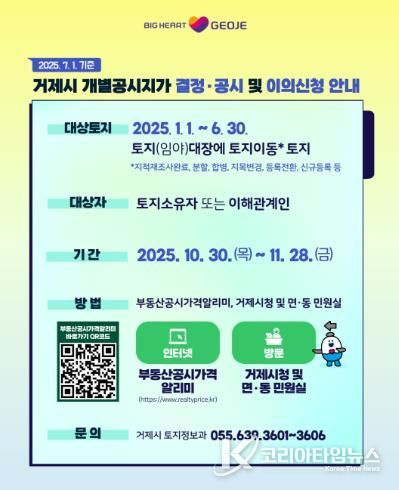 거제시, 2025년 수시분 개별공시지가 결정·공시 및 이의신청 접수