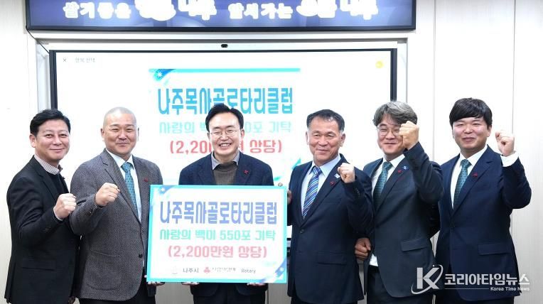 나주목사골 로타리클럽은 지난달 27일 저소득 다자녀 가정 등 취약계층 및 사회복지시설 지원을 위해 백미 550포를 나주시에 기탁했다.