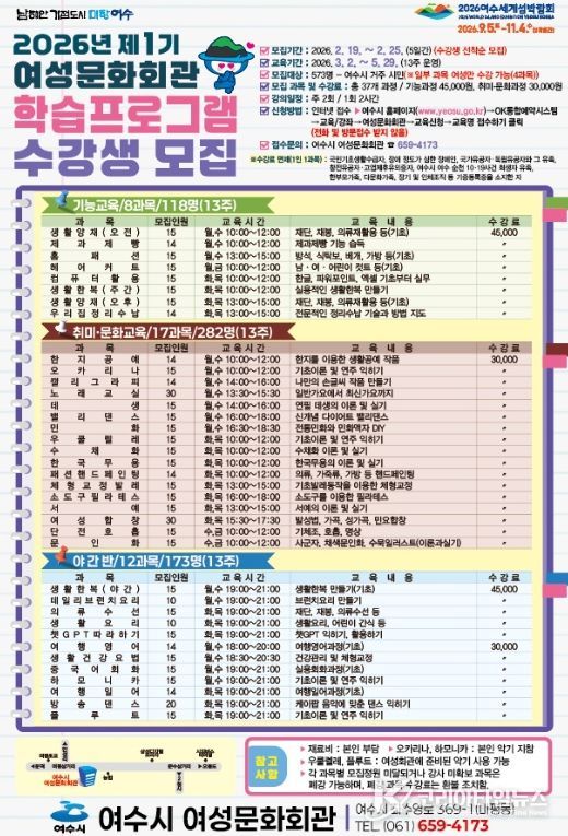 2026년 제1기 여성문화회관 학습프로그램 수강생 모집 포스터