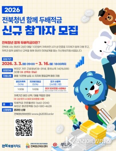 부안군, 2026년 전북청년 함께 두배적금 신규 참여자 모집