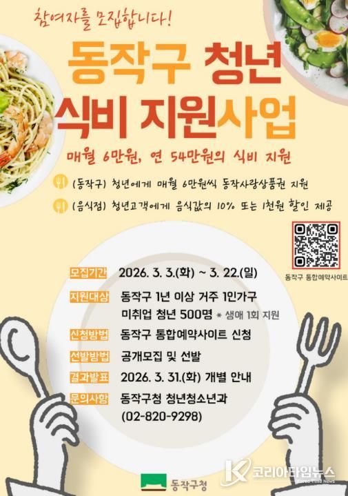 ‘2026. 동작 청년 식비 지원사업’ 모집 홍보 포스터