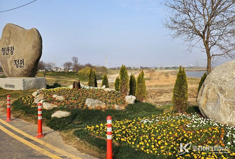 영산강정원 입구 화단에 팬지, 데이지 등 다양한 봄꽃이 관광객들을 맞이한다.