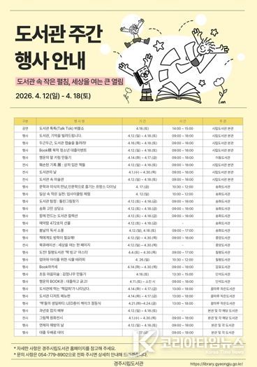 경주시립도서관이 제62회 도서관주간을 맞아 4월 12일부터 18일까지 본관과 분관, 작은도서관 7개관에서 다양한 독서문화행사를 운영한다